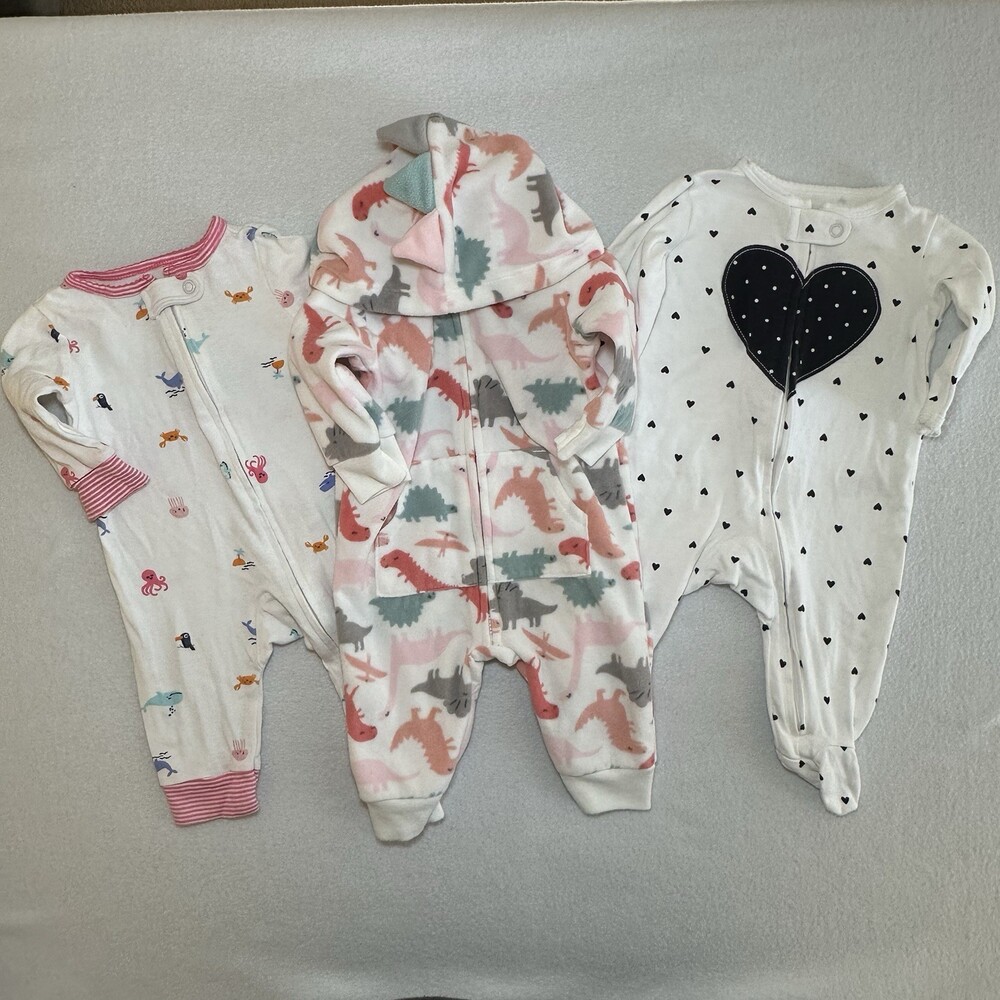 Lot of 3 Jammie’s Baby Girl Pajamas 3M Zip Up Fleece Sea Creature Dino Hearts